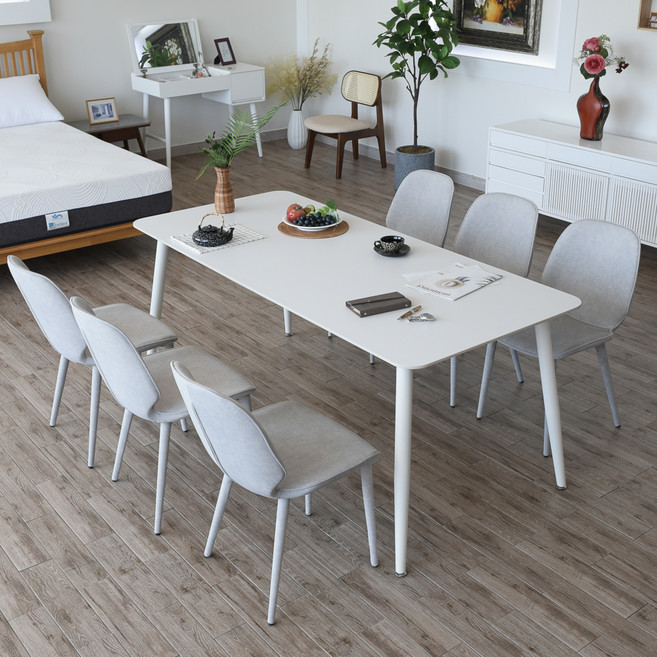 이즈네이처 포세린 세라믹 식탁 6인용 + 아이리스 의자6p 세트 방문설치, 퓨어화이트(상판), 화이트(프레임), 그레이(의자), 일반의자 6