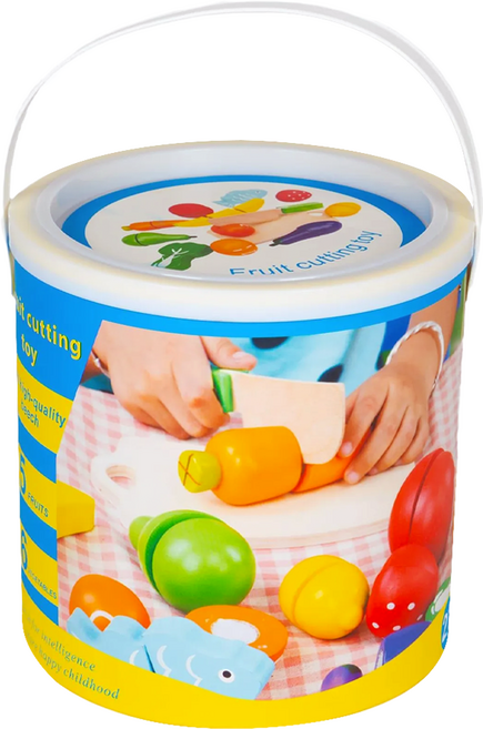 兒童手提桶裝 木製蔬果切切樂 角色扮演遊戲 激發想像力 安全無毒, 1桶