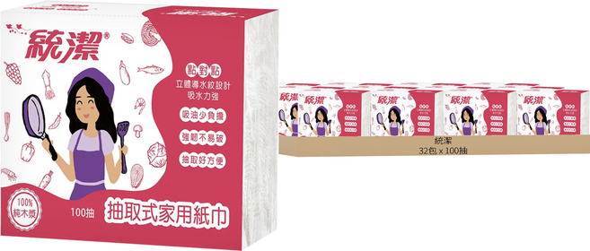 統潔 抽取式家用紙巾 100抽, 8袋, 4包