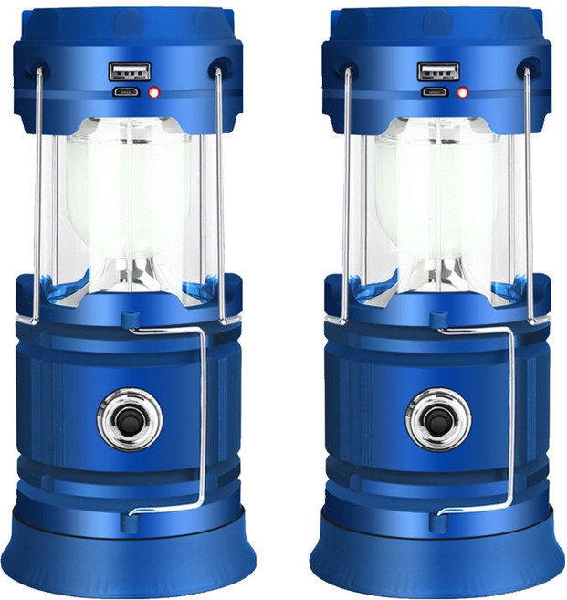 新錸家居 三代升級可拆換鋰電池充電 LED太陽能COB伸縮露營燈2個組, 藍色, 1組