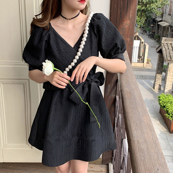 피어니스트 리본 소녀 브이 랩 미니 원피스 빅사이즈 포함