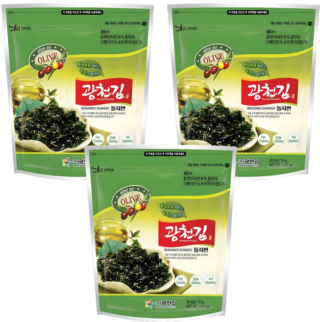 광천김 올리브 녹차 돌자반, 70g, 3개