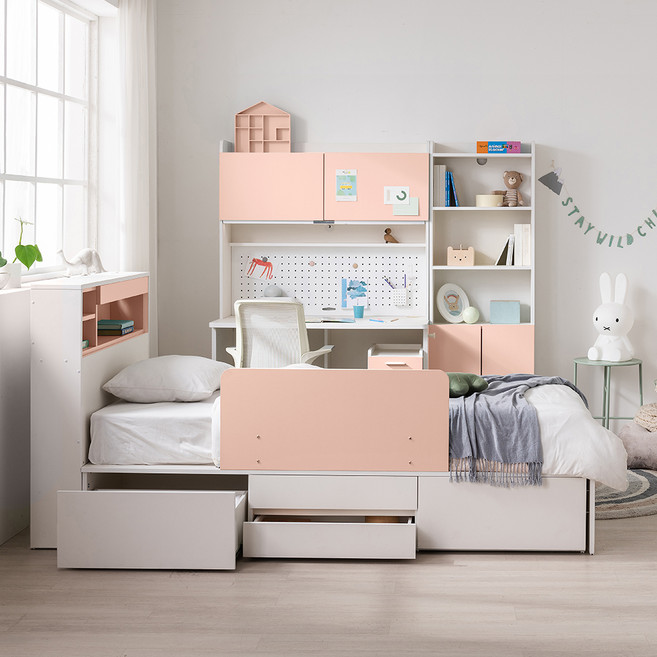 꿈꾸는요셉 미우 조명 수납 침대 프레임 + 가드 + 폼 메모리 매트리스 세트 방문설치, 핑크(헤드, 가드), 아이보리(프레임), 베이지(매트리스)