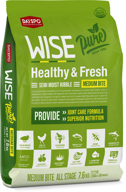 데이스포 전연령 강아지 와이즈 퓨어 미디움 소프트사료, 오리, 7.6kg, 1개