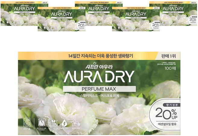 아우라 샤프란 드라이 시트 퍼퓸맥스 섬유유연제 스모키머스크 본품, 100매, 6개