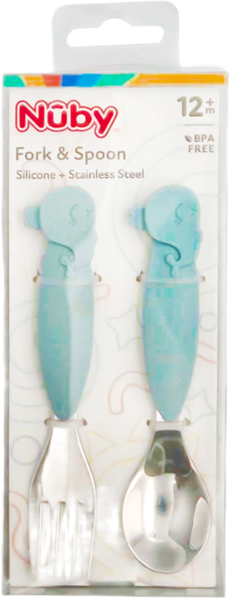 Nuby 矽膠握把叉匙組 12個月以上, 鯨魚藍, 1組