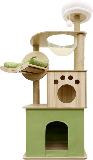 貓本屋 加大雙貓屋太空艙貓跳台(140cm)附貴妃躺枕, 綠色 + 木色, 1個