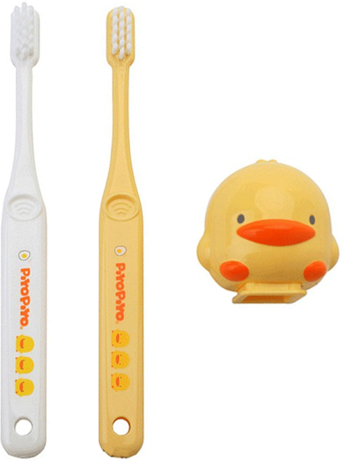 PiYOPiYO 黃色小鴨 幼兒牙刷組 毛尖圓潤光滑 不傷齒齦及法瑯質 小巧刷頭 附造型保潔盒, 白色 + 黃色, 2支, 1組