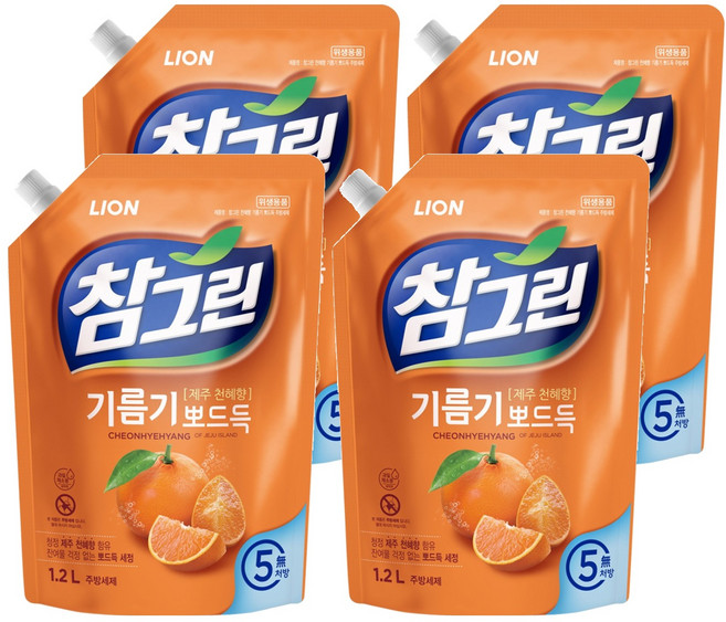 참그린 천혜향 기름기 뽀드득 주방세제 리필, 1.2L, 4개