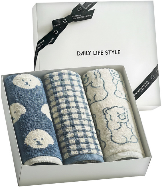 MAISON DE COTTON BLUEY毛巾禮盒3件組 附提袋, 1組, 果凍藍 + My Pur米色比熊犬 + 金貢格紋