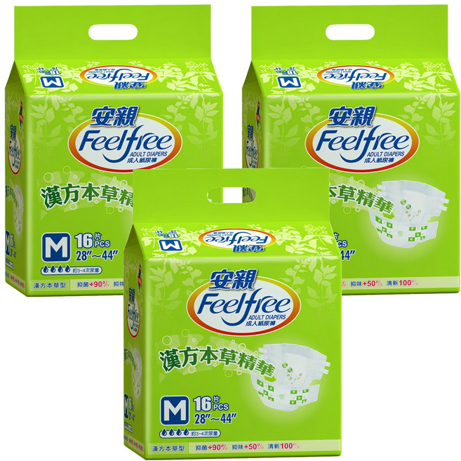Feelfree 安親 漢方草本成人紙尿褲, M(腰圍28~44吋), 16片, 3包