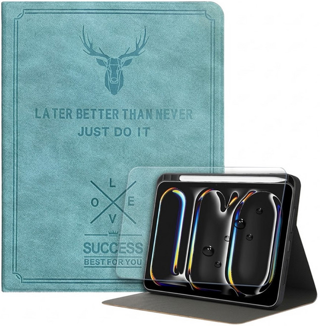 vXTRA 飛創 防潑水鹿頭壓紋 平板皮套 2代筆槽版 + 玻璃貼套組, 蒂芬藍綠, 1組
