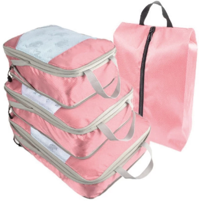 旅行壓縮袋 Set 小衣物袋(32 x 21.5 x 3cm) 中衣物袋(36.5 x 27.5 x 4cm) 大衣物袋(40 x 30.5 x 6cm) 鞋袋(39.5 x 22.8 x 11.5cm), 4件, 1組