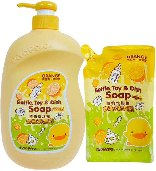 PiYOPiYO 黃色小鴨 植物性甜橘奶瓶清潔劑1000ml + 補充包800ml, 1組, 1.8L