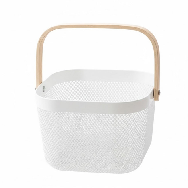 小麥購物 木質手提鐵藝收納籃 L2247, 木色 + 白色, 1個