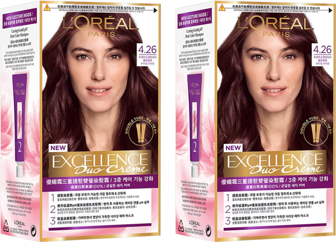 L'OREAL PARiS 巴黎萊雅 台灣公司貨 優媚霜三重護髮雙管染髮霜, 4.26 紫紅棕色, 2組
