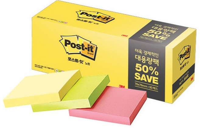 쓰리엠 포스트잇 노트 대용량팩 654-20, 노랑 + 새싹그린 + 러블리핑크, 1세트