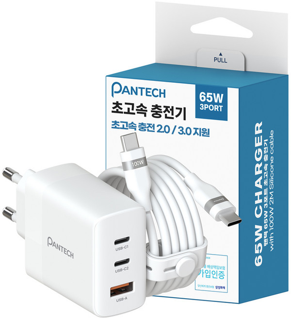 팬택 PD 65W 3포트 GaN 초고속 멀티충전기 + C타입 실리콘 충전 케이블 100W 2m 세트, 화이트, 1개
