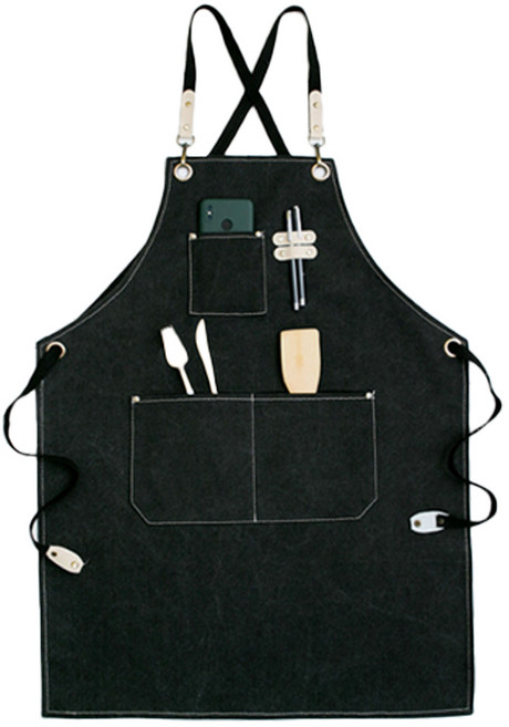 디오셀 프리미엄 심플 캔버스 포켓 앞치마, 블랙, 1개