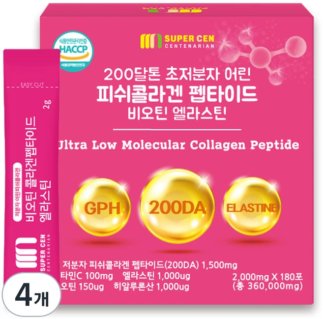 슈퍼쎈 200달톤 초저분자 어린피쉬콜라겐 펩타이드 비오틴 엘라스틴, 360g, 4개 - 쿠팡