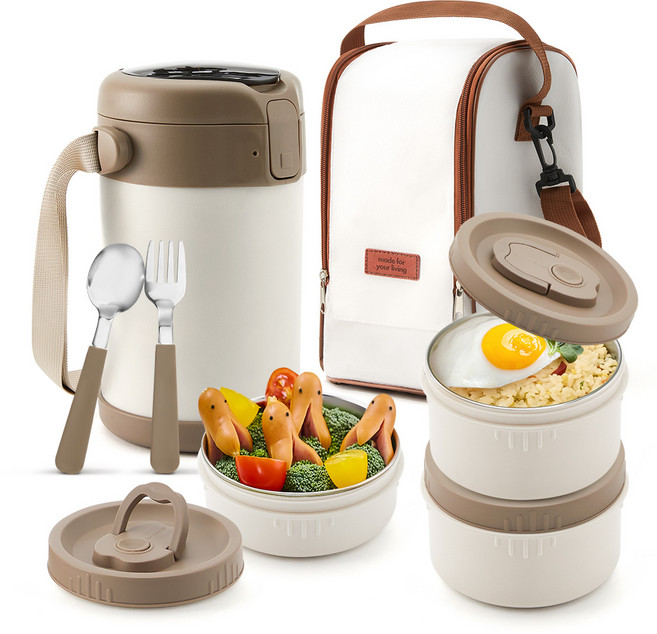 르메이드 대용량 보온 보냉 3단 도시락 + 내부 커버 + 수저 + 포크 + 가방 세트, 혼합색상, 1세트