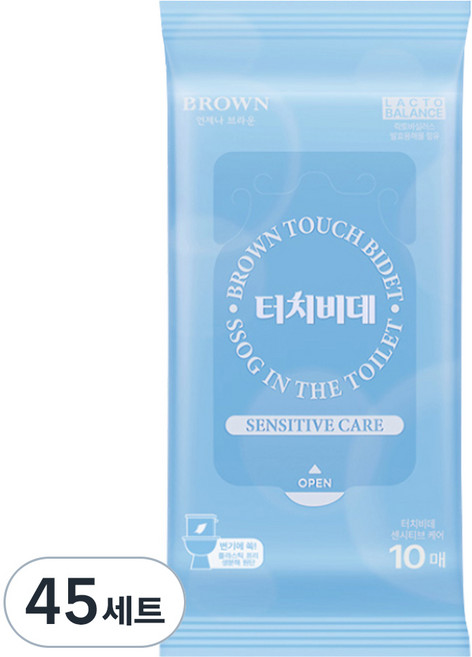 브라운 터치 비데 센시티브 케어 물티슈 물에 잘 녹는 화장실용 저자극 비데티슈 휴대형, 55g, 10매, 45세트