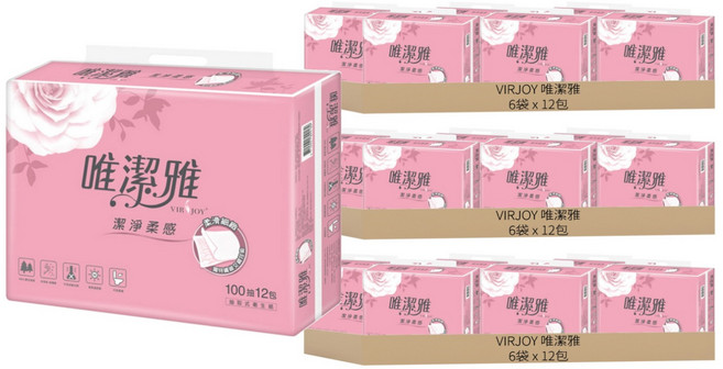 VIRJOY 唯潔雅 抽取式衛生紙 原生紙漿 100張, 12包, 18袋