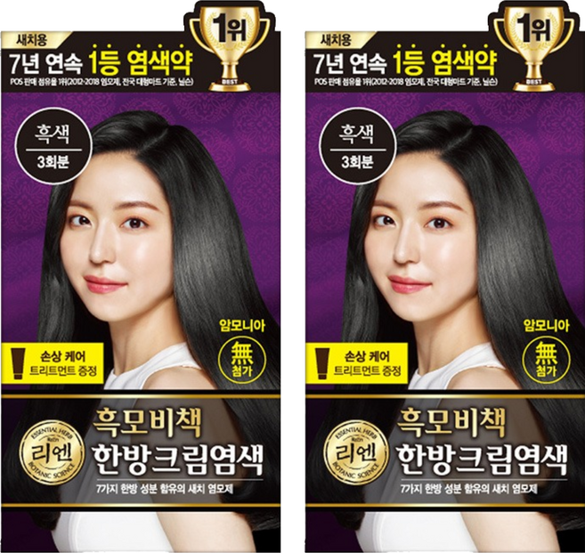 리엔 흑모비책 새치염색크림 한방염모제, 흑색, 2개