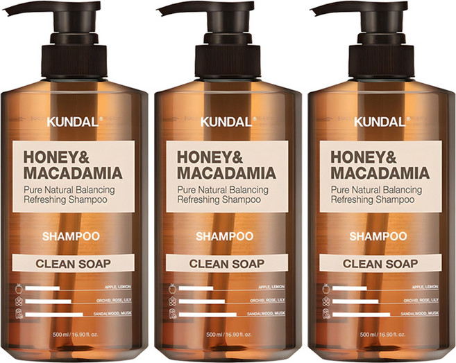 쿤달 허니 앤드 마카다미아 네이처 샴푸 클린솝향, 500ml, 3개