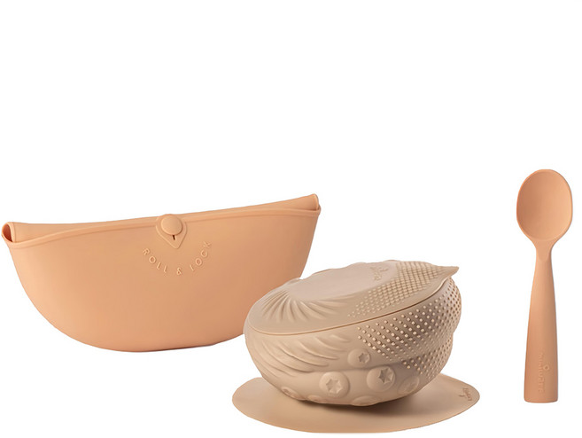 miniware 鉑金五感碗啟蒙禮盒, 五感矽膠碗 + 矽膠學習湯匙 + 矽膠圍兜, 杏仁奶油, 1盒