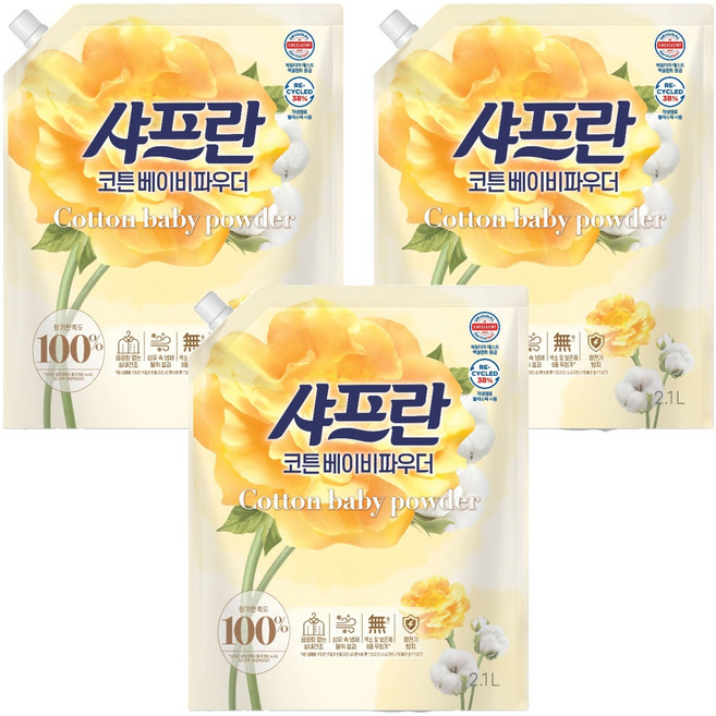 샤프란 섬유유연제 코튼 베이비파우더 리필, 2.1L, 3개