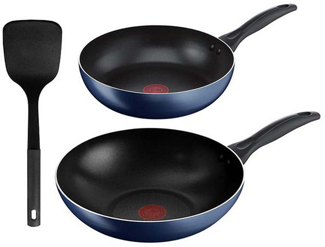 Tefal 特福 極巧系列 不沾鍋具3件組 B266S393, 26 公分深平底鍋 + 28 公分小炒鍋 + 鍋鏟, 藍色, 1組