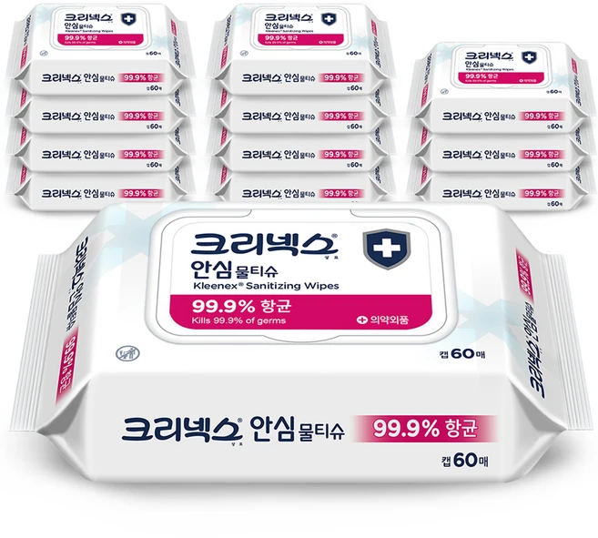 크리넥스 안심 물티슈 캡형, 60매, 12개 - 쿠팡