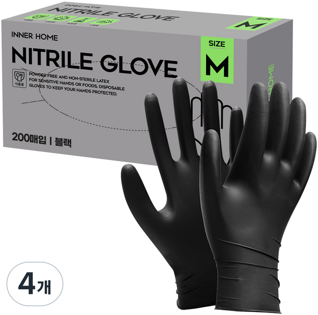 이너홈 무분말타입 니트릴 장갑 200p, 블랙, 중(M), 4개