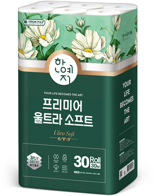 한예지 3겹 프리미어 울트라 소프트 천연펄프 화장지 30m, 30롤, 1개