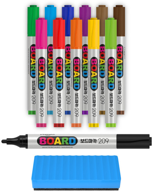 펜맥스 보드마카 209 12색 + 지우개, 분홍,빨강,주황,노랑,연두,녹색,파랑,군청,보라,갈색,밤색,검정, 1개