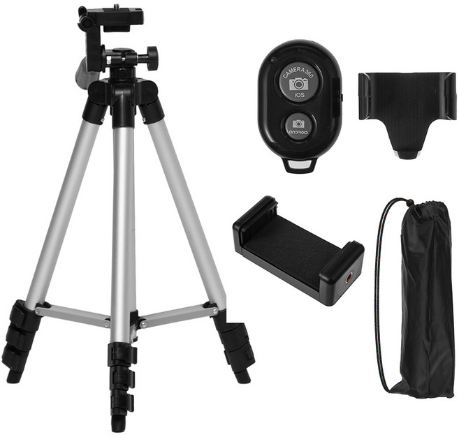 홈플래닛 스마트폰 4단 삼각대 + 블루투스 리모컨 세트, 실버, 1개