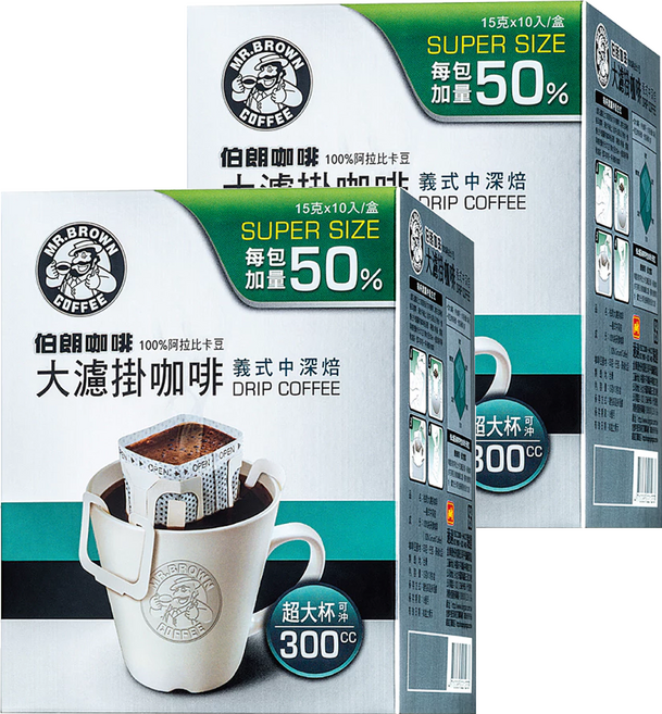 金車 MR.BROWN 伯朗咖啡 大濾掛咖啡 義式中深焙, 15g, 10包, 2盒