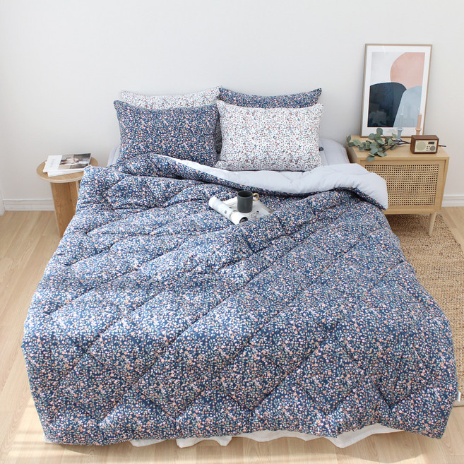 CHOUETTROOM 碎花圖案超細纖維四季被 單人床適用, 深藍色