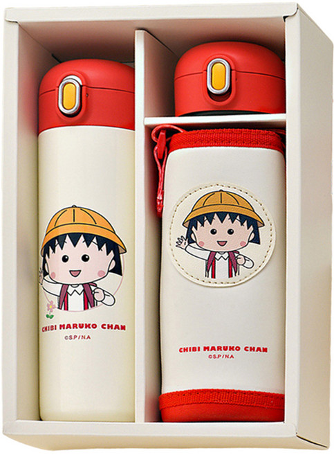優貝選 316不鏽鋼 直飲/吸管兩用 兒童雙杯蓋保溫水壺套組, 500ml, 1組, 白色小丸子