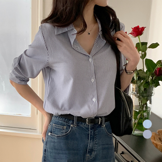 afinar 女款標準版型七分袖細條紋襯衫