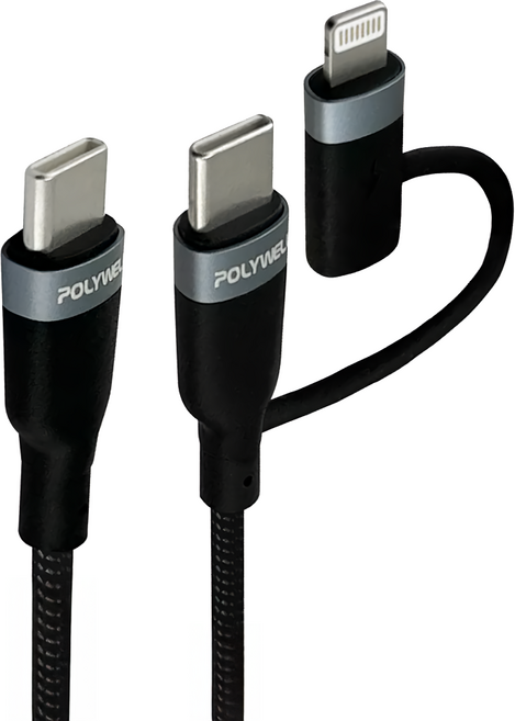 POLYWELL 寶利威爾 USB-C To C+Lightning PD編織快充線, 2m, 黑色, 1條