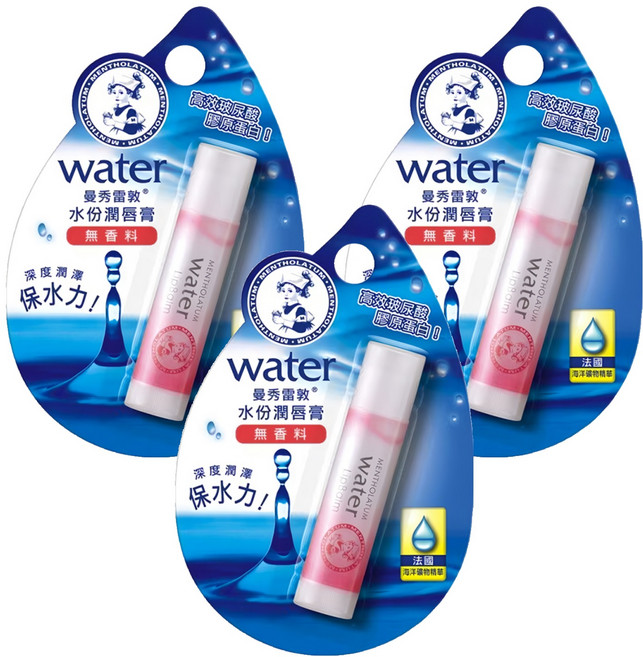 MENTHOLATUM 曼秀雷敦 水份潤唇膏 彈潤柔嫩 添加蘆薈精華 溫和呵護, 無香料, 3.5g, 3支
