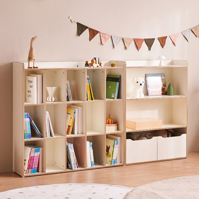 조이 유아 3단 교구장 + 3단 책장 + 수납박스 2P 세트 방문설치, 화이트 + 자작나무