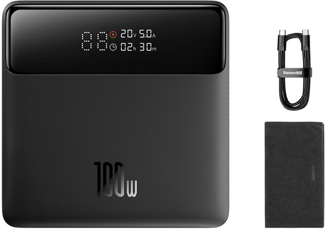 베이스어스 블레이드 2세대 100W 20000mAh HD 에디션 슬림 노트북 고출력 LED 디스플레이 보조배터리 + C to C 100W 초고속충전 케이블 50cm, PPBLD100HD, 블랙