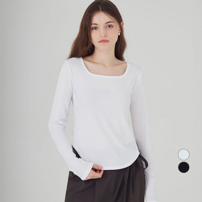 ELLE PARIS 여성용 슬림핏 딥 유넥 긴팔 티셔츠
