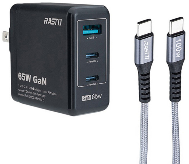 RASTO 65W GaN氮化鎵三孔極速充電器 + 100W C to C 鋁製快充傳輸線組 RB40, 黑色, 1個