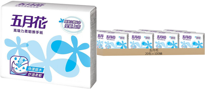 五月花 高吸力柔韌擦手紙, 100抽, 20包