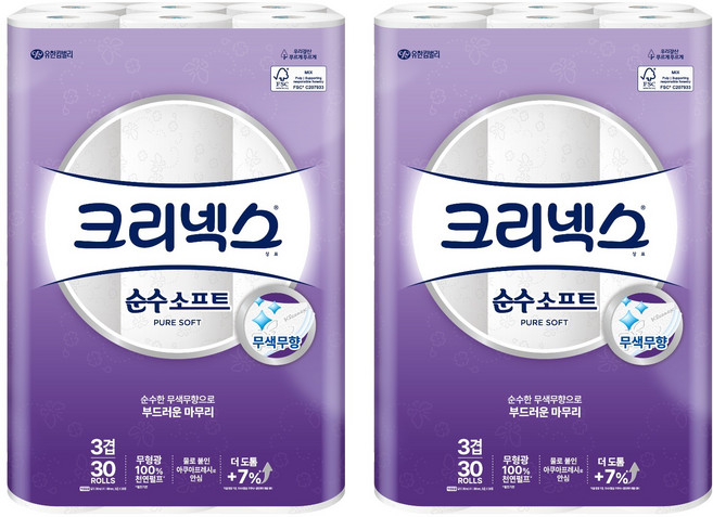 크리넥스 3겹 순수 소프트 천연펄프 롤화장지, 30m, 30개입, 2개