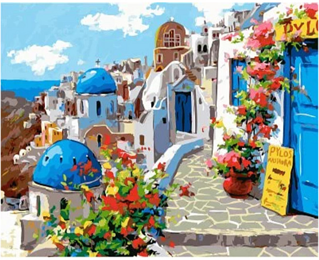 ArtLife 藝術生活 DIY彩繪數字油畫 DT125 高級進口亞麻油畫布 + 實木內框 + 環保丙烯油畫顏料組合包 + 畫筆3支 + 壁掛釘組合 + 號碼線圖紙 40 x 50cm, 愛在希臘 多色, 1個